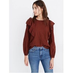 Madewell Plaid Ruffle Long Sleeve‎ Top Women Size M Orange Black Check